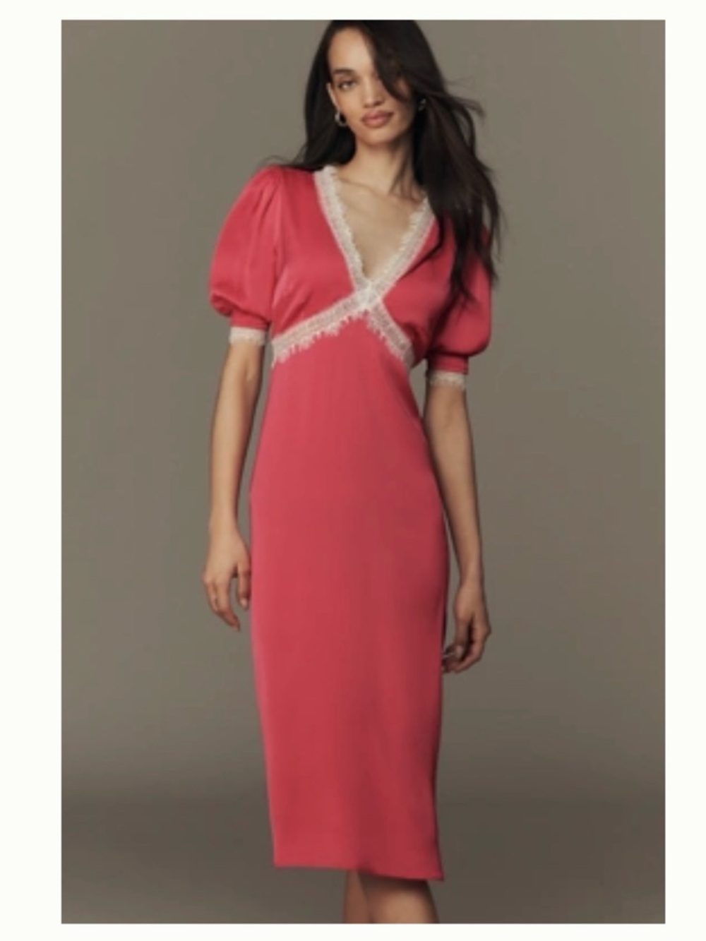 BY ANTHROPOLOGIE V-NECK LACE TRIM MIDI DRESS
Color:  Bright Rose/Cream